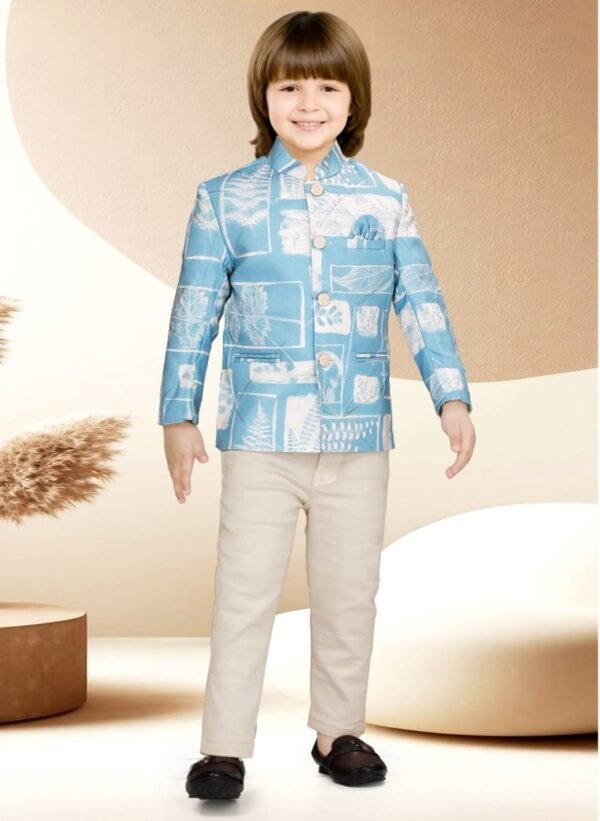 Boys' Sky Blue Foliage Print Indo-Western Blazer & Chino Se