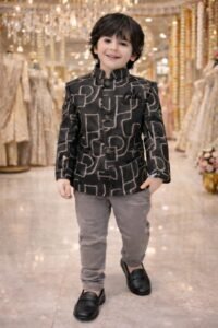 Boys' Charcoal Abstract Print Indo-Western Blazer & Grey Chino Set