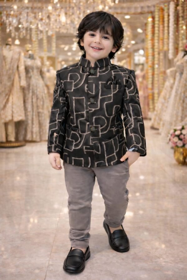 Boys' Charcoal Abstract Print Indo-Western Blazer & Grey Chino Set