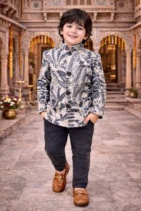 Boys' Beige Fern Print Indo-Western Blazer & Trousers Set