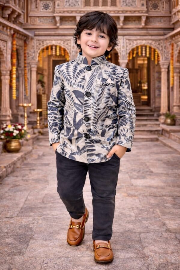 Boys' Beige Fern Print Indo-Western Blazer & Trousers Set